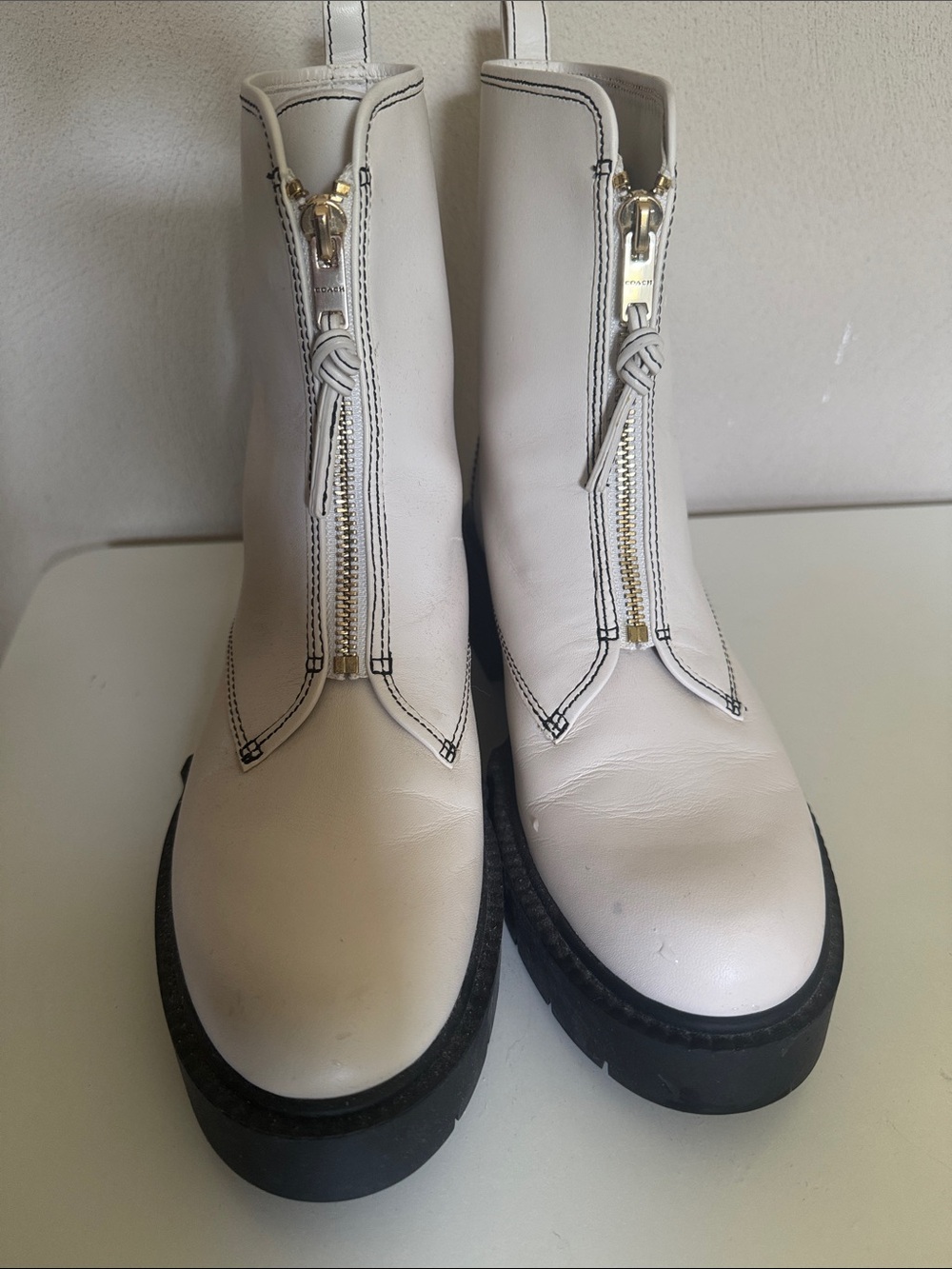Women’s Coach Cream Front-Zip combat / ankle Boots worn 1 time